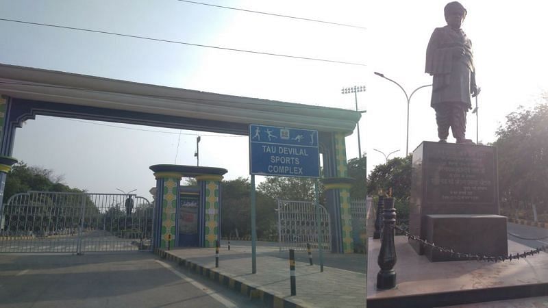 L-A mammoth gate welcomes you to the sports complex, R-A statue of Tau Devi Lal