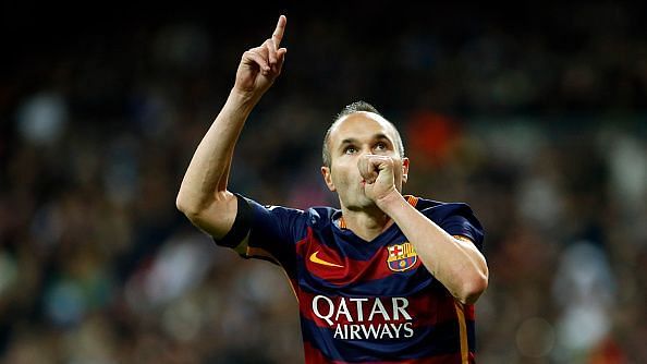 Iniesta celebrates after scoring against Real Madrid in 2015