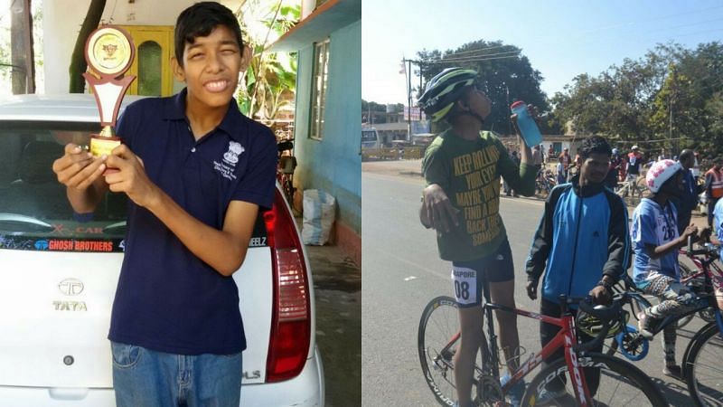 Left - Abhishek poses with one of his trophies, Right - Abhishek with his coach Lakhan (in blue), who trained him for 7 days before the competition in January