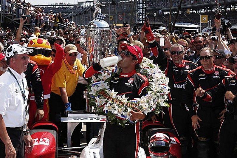 Montoya celebrating his 2015 Indy 500 win