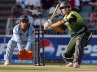 Pakistan's batsman Misbah-Ul-Haq plays