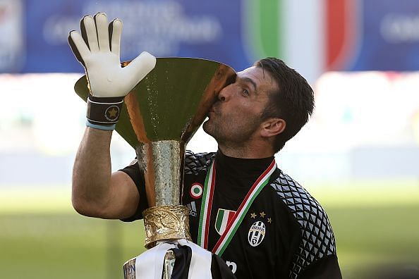 Gianluigi Buffon of Juventus FC celebrate the victory of...