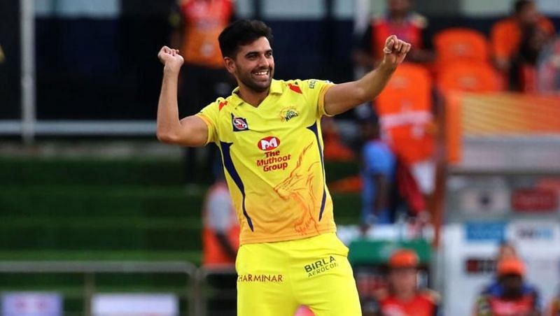 Deepak Chahar celebrates the fall of a wicket