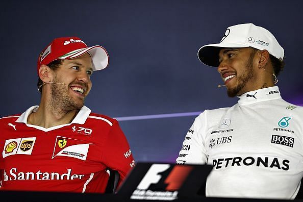 Sebastian Vettel (Ferrari, left) and Lewis Hamilton (Mercedes-AMG) ahead of the Spanish Grand Prix