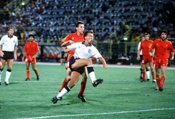 1990 World Cup Finals. Second Phase. Bologna, Italy. 26th June, 1990. England 1 v Belgium 0 (after extra time). England&#039;s David Platt volleys home his dramatic winning goal in the last minute of extra time.