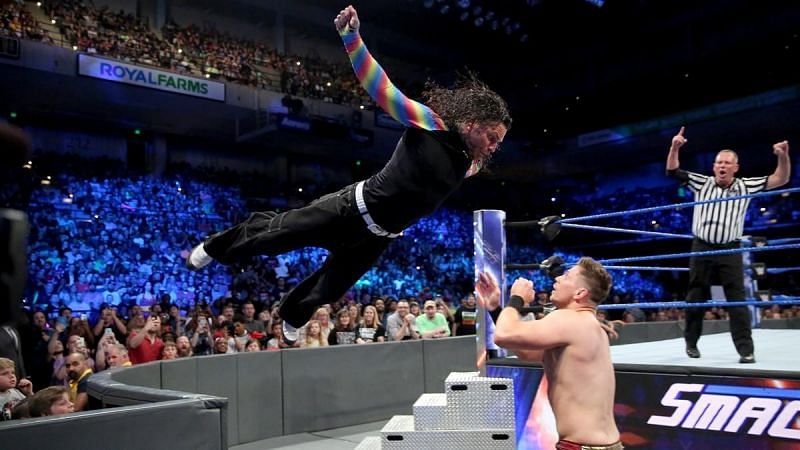 Jeff Hardy flies off the barrier onto Miz during their Money in the Bank Qualifying Match