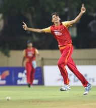 Player of Sanskar School, Jaipur celebrates after the fall of a wicket