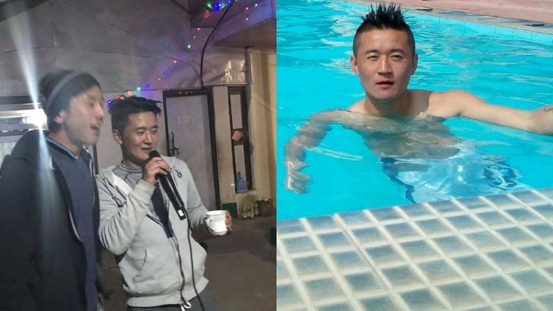 Don certainly knows how to take a break as he plays Karaoke with his friend(L) and takes a dip in the pool(R)