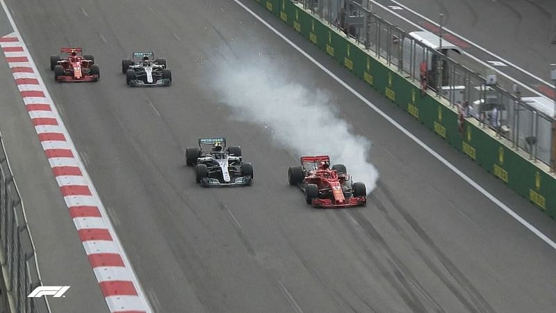 Sebastian Vettel locking up in Baku while trying to overtake Valtteri Bottas (2018)