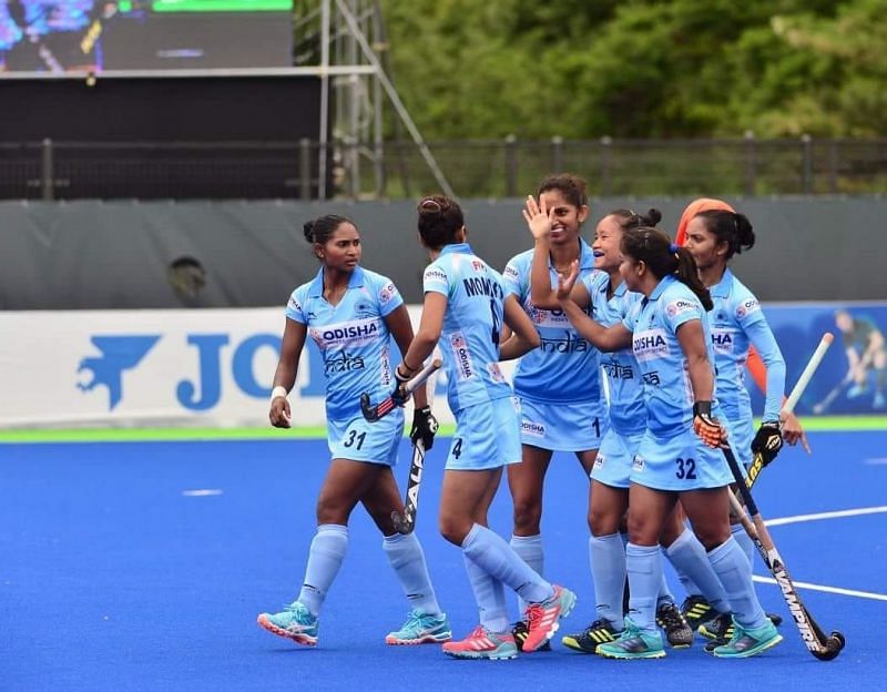 India women&#039;s Hockey team celebrate a goal