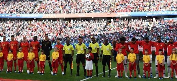 Rishi in the centre with the matchball during the Belgium vs Panama match.