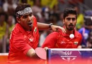 Sathiyan Gnanasekaran looks on as Achanta plays a shot