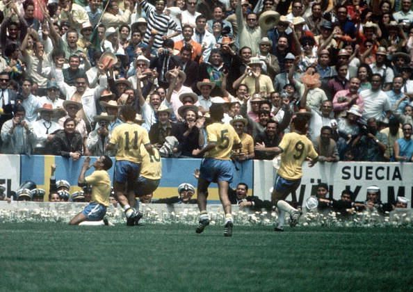 1970 World Cup Final, Mexico City, Mexico 21st June, 1970. Brazil 4 v Italy 1. Brazil&#039;s Jairzinho celebrates scoring his country&#039;s third goal with teammates L-R: Rivelino, Pele, Clodoaldo and Tostao.