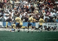 1970 World Cup Final, Mexico City, Mexico 21st June, 1970. Brazil 4 v Italy 1. Brazil's Jairzinho celebrates scoring his country's third goal with teammates L-R: Rivelino, Pele, Clodoaldo and Tostao.