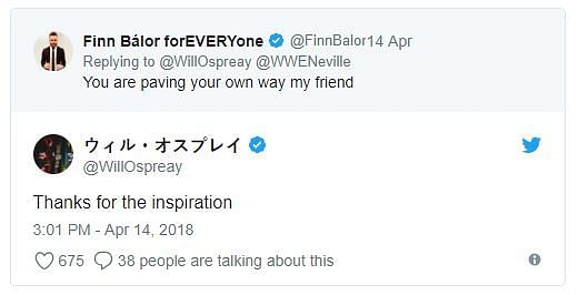 Finn Balor replying in good grace to Will Osprey&#039;s Tweet.
