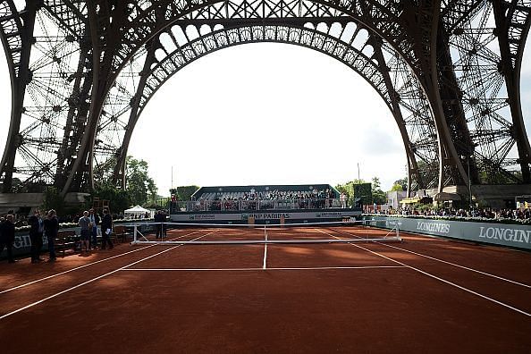 The tennis court set up under the Eiffel Tower to host the finals of the Longines Future Tennis Aces tournament