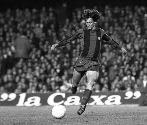 Sport. Football. Spain. 15th March 1978. UEFA Cup, Quarter Final, Second Leg. Barcelona 2 v Aston Villa 1 (Barcelona win 4-3 on aggregate). Barcelona&#039;s Johan Cruyff in action during the match at the Nou Camp Stadium.