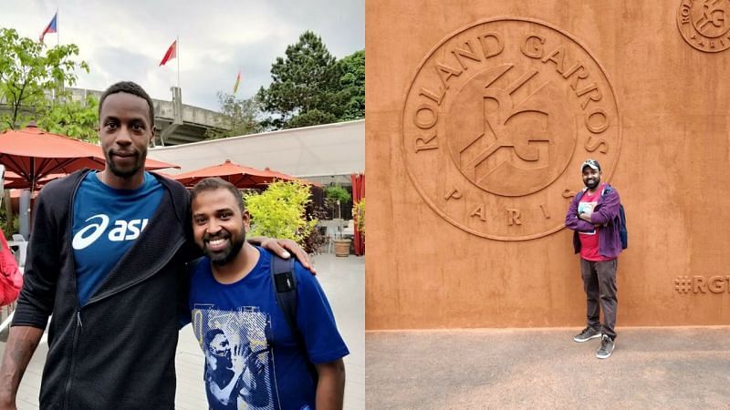 L - Rohit fulfills his dream of meeting Ga&Atilde;&laquo;l Monfils, R - Rohit gets clicked with Roland-Garros emblem