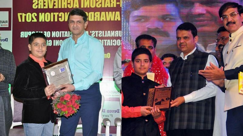 L - Raunak is felicitated by Shri. Prakash Padukone as the &#039;Best Junior Sportsman of the year&#039;, R - Devendra Fadnavis felicitates Raunak at a competition