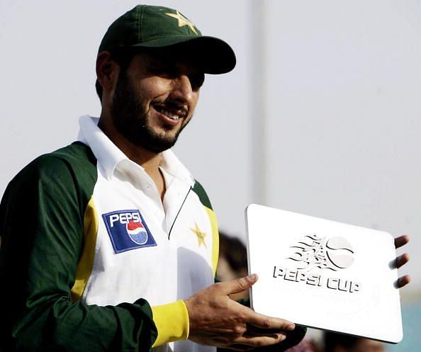 Pakistani cricketer Shahid Afridi holds