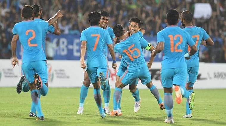 Captain Chhetri- celebrating a goal with his teammates