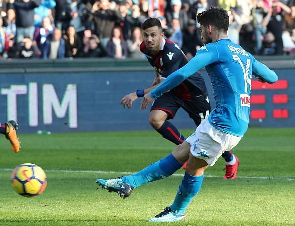 Napoli&#039;s Belgian striker Dries Mertens kicks a penalty...
