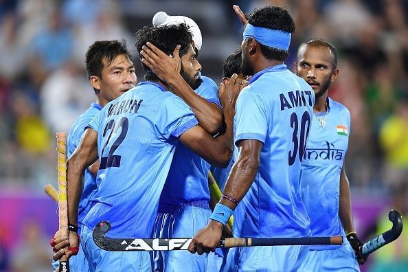 Indian Men's Hockey team players celebrate after a goal at the Gold Coast Commonwealth Games