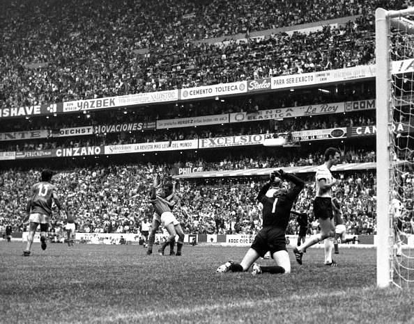 Sport, Football, World Cup Semi-Final, Azteca Stadium, Mexico, 17th June 1970, Italy 4 v West Germany 3, West Germany&#039;s golakeeper Sepp Maier is beaten by Gianni Rivera&#039;s winning goal in extra time, as Rivera and Riva celebrate