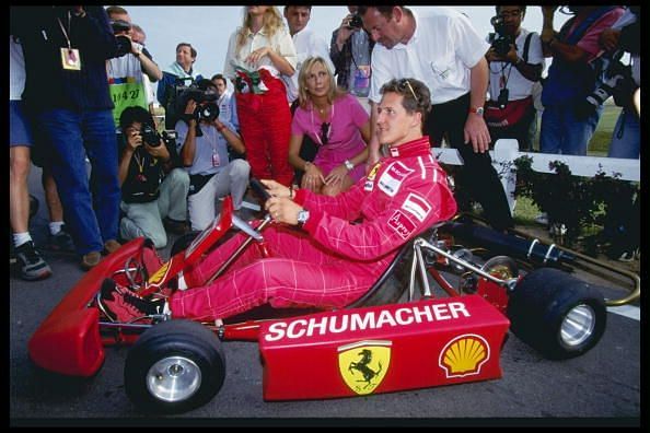 Michael Schumacher of Germany relaxes with a spot of go-karting