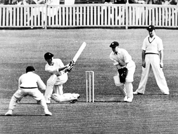 Sport. Cricket. London, England. 20th August 1938. The Ashes. 5th Test Match at the Oval. England v Australia. England batsman Len Hutton hits a sweep shot during his record breaking innings of 364. England won by an innings and 579 runs.