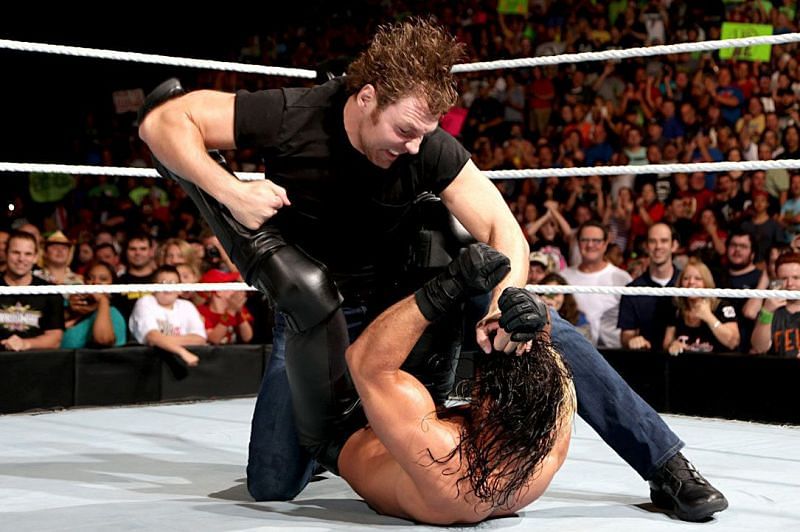 Dean Ambrose attacking Seth Rollins