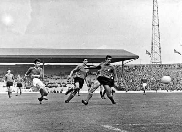 World Cup Finals, 1966. Middlesborough, England. 19th July, 1966. North Korea 1 v Italy 0. North Korea's Pak Do Ik scores the games only goal to create one of the biggest World Cup shocks of all time in their Group Four match.