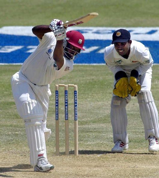 West Indies&#039; captain Brian Lara (L) driv