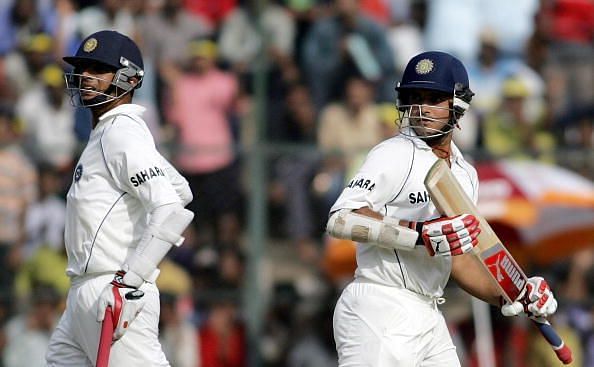 Indian cricketers Rahul Dravid (L) and S