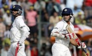 Indian cricketers Rahul Dravid (L) and S
