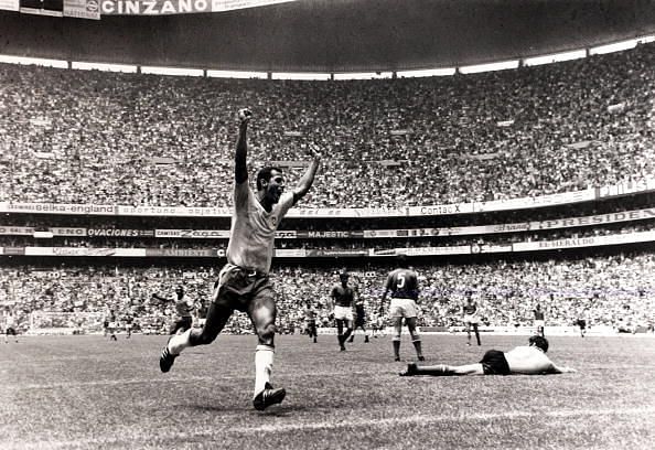 Sport. Football. 1970 World Cup Final. Mexico City. 21st June 1970. Brazil 4 v Italy 1. Brazil captain Carlos Alberto rounds of a great team display by scoring the fourth goal as he runs away to celebrate.