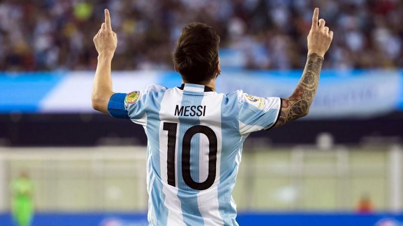 Lionel Messi with his trademark celebration after scoring yet again for his country