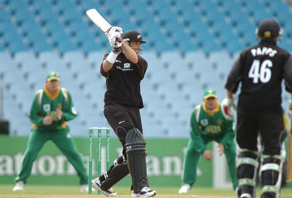 New Zealand&#039;s Stephen Fleming hits a four against