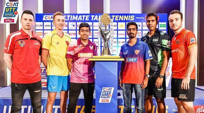 Jo&Atilde;&pound;o Monteiro  - Captain of Maharashtra United (Extreme left), gets clicked with the other captains during the trophy unveil (Image Credits - UTT)