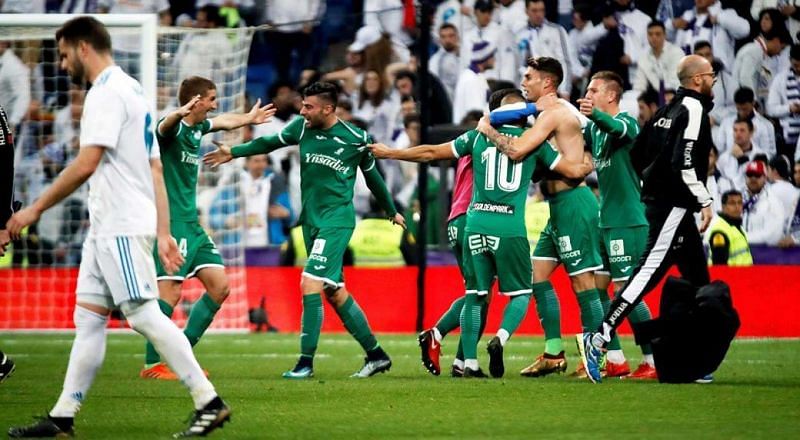 Leganes&#039; players celebrate the qualification after the King&#039;s Cup quarter-final second leg match between Real Madrid and Leganes.