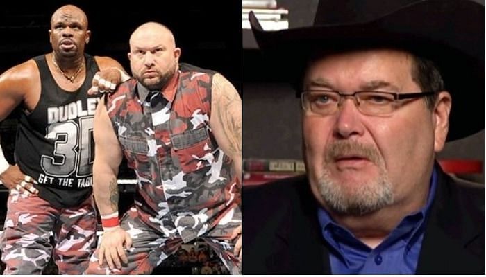 Bubba Ray Dudley (second from left) and Jim Ross (right)