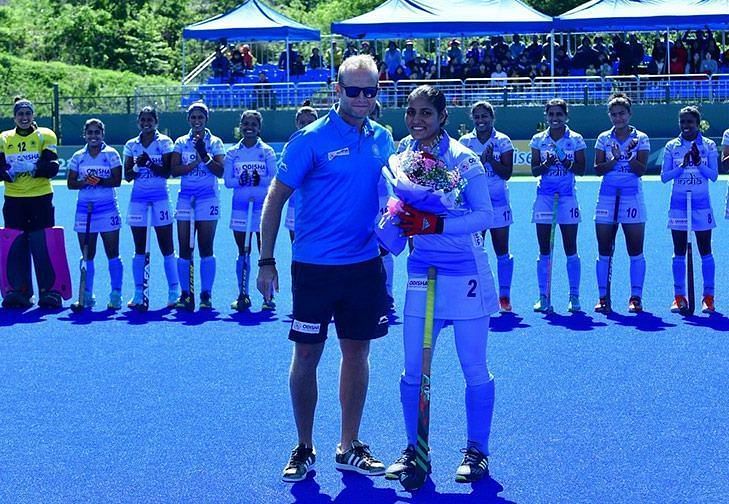 Gurjit Kaur earned her 50th international cap against Korea at Donghae