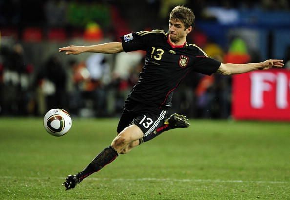 Germany&#039;s midfielder Thomas Mueller kick
