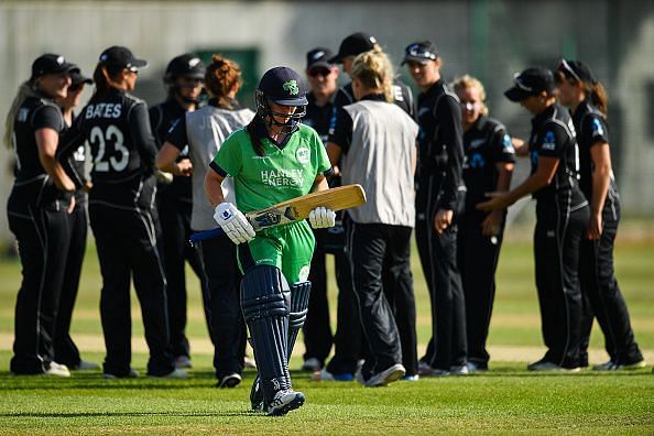 Laura Delaney, IRE captain leaves the field after being trapped LBW by Leigh Kasperek