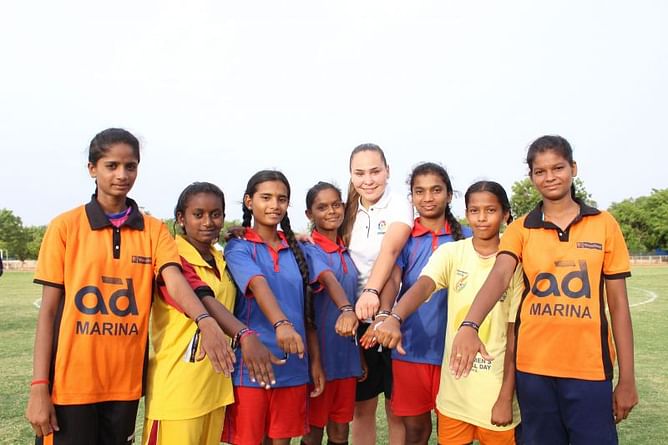 Young female footballers of AP’s Anantapur Football Academy train with Real Betis captain Irene Guerrero at a three-day camp