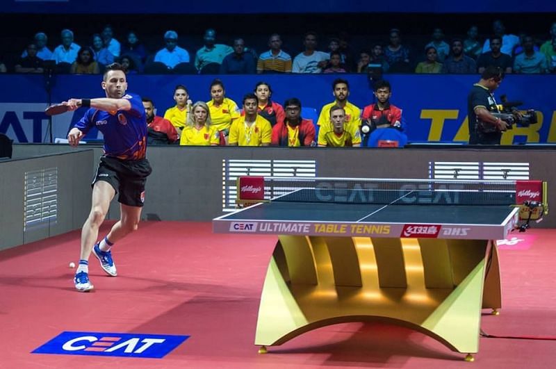 Jo&Atilde;&pound;o Monteiro in action during Maharashtra United vs Falcons TTC on Day 1 of Ultimate Table Tennis Season 2 (Image credits - Maharashtra United FB page)