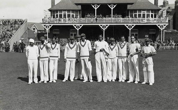 Cricket. 1932. A picture of the All India Cricket side which toured England when they played their first Test. L-R: Lall Singh, S Nazir Ali, Jehangir Khan, S Wazir Ali, SR Godambe, CK Nayudu (Captain), Amar Singh, J Naoomal, SHM Colah, PE Palia, JG Navle.