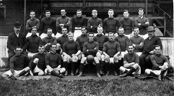 Sport, Football, 1905-1906, The Liverpool F,C, team pose together for a group photograph, Back row, L-R: J,Carlin, A,West, C,Wilson, S,Hanly, E,Doig, W,Dunlop, D,Murray, J,Hewitt, Middle row, L-R: W,Connell, (Trainer), Jas,Hughes, G,Latham, John Hughes, W