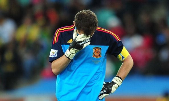 Spain's goalkeeper Iker Casillas reacts