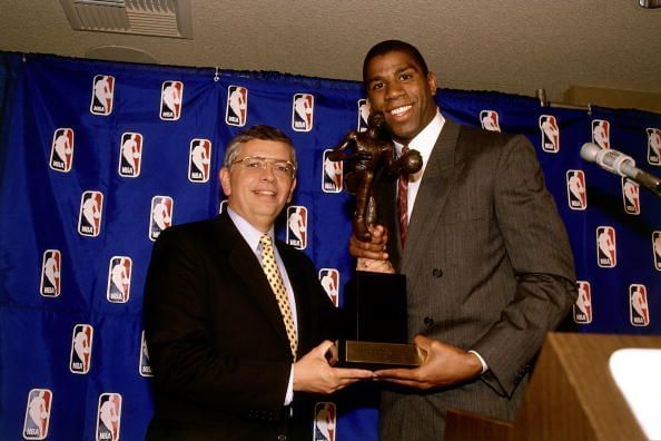 David Stern and Magic Johnson at the MVP Presentation Ceremony